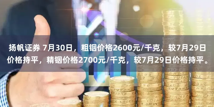 扬帆证券 7月30日，粗铟价格2600元/千克，较7月29日价格持平，精铟价格2700元/千克，较7月29日价格持平。